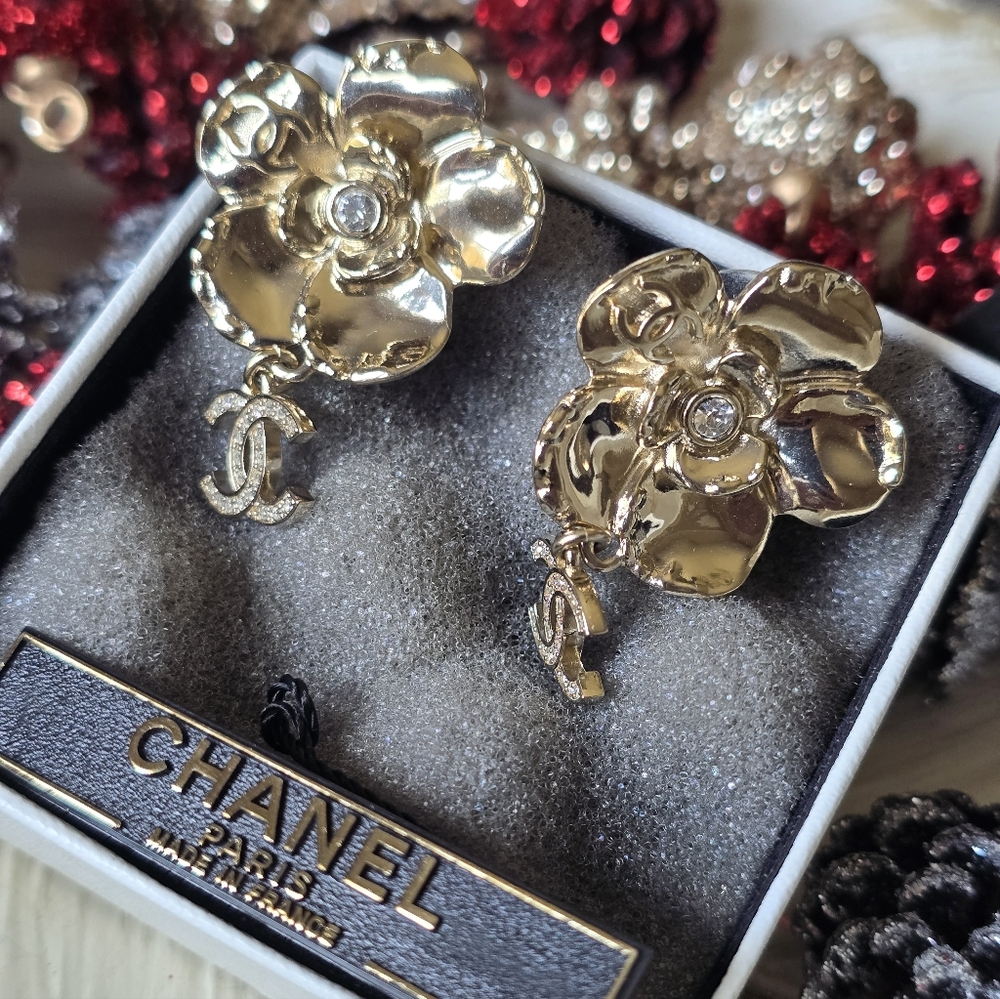 Authentic Chanel Camellia Earrings With CC Dangling
